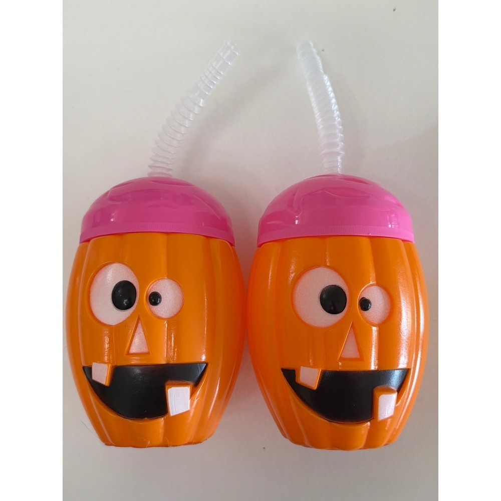 Set of 2 Halloween Pumpkin Jack-O-Lantern Sipper Cups with Straws Orange Pink